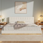 Solid Rubber Wood Platform Bed with Upholstered Headboard - White
