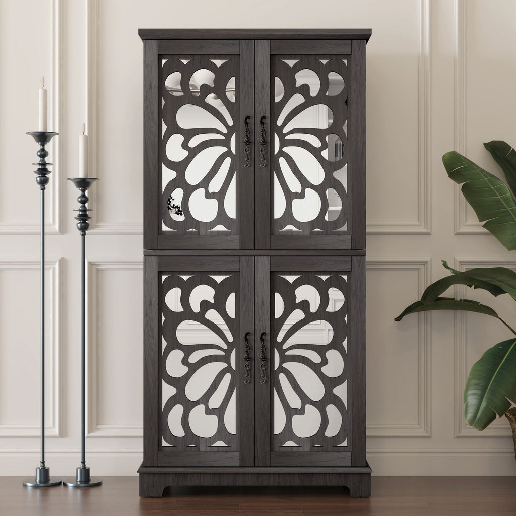 Modern Sideboard Buffet with Mirrored Doors and Adjustable Shelves - Dark Brown or Gray