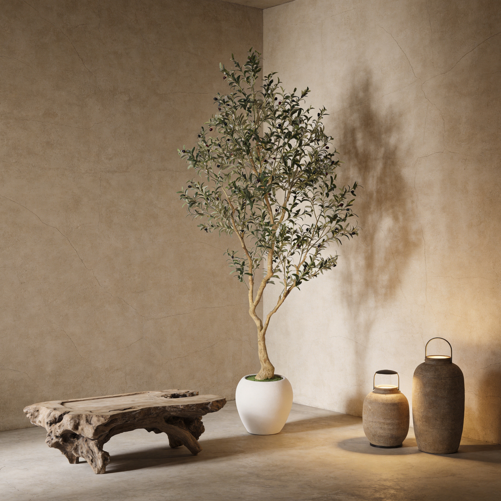 8.2FT Artificial Olive Tree with Decorative White Planter – Green Leaves