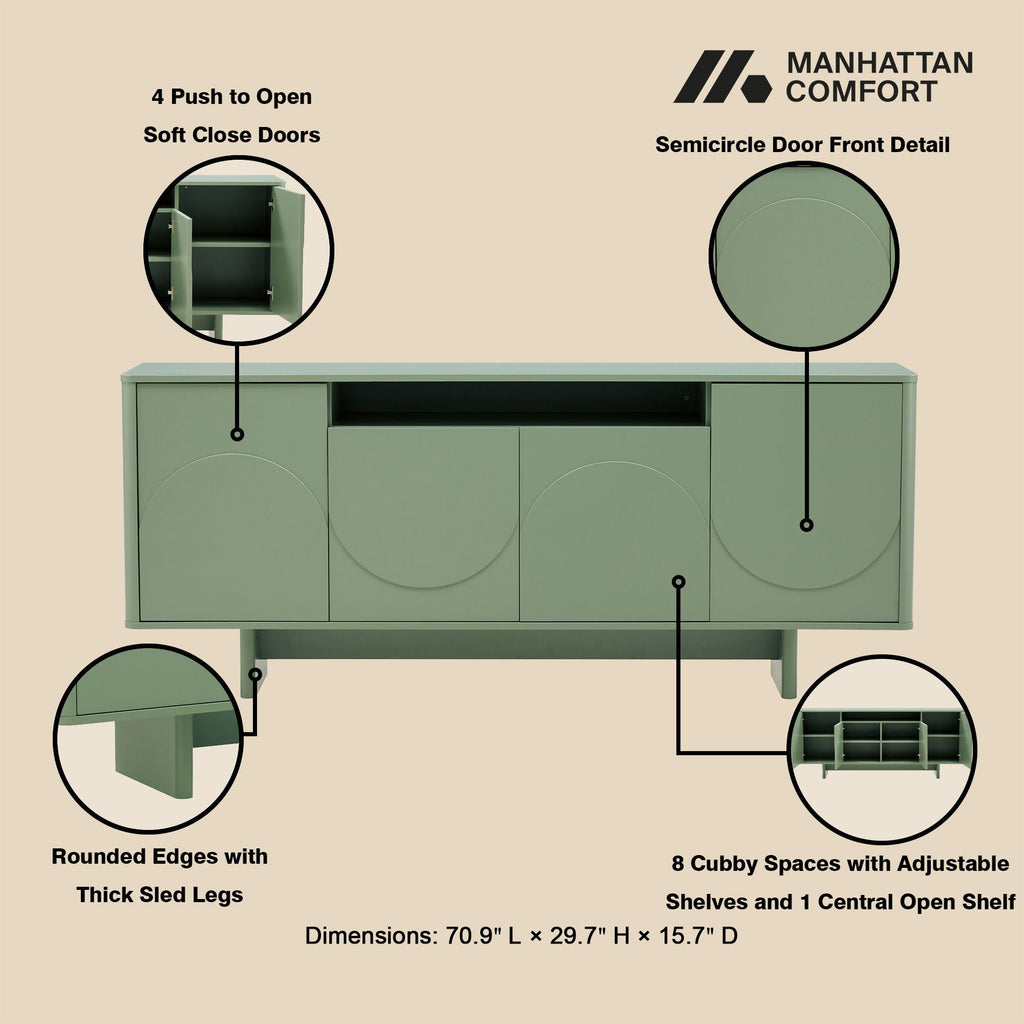 Sideboard With Adjustable Shelves and Soft Close Doors - White, Light Brown, Green