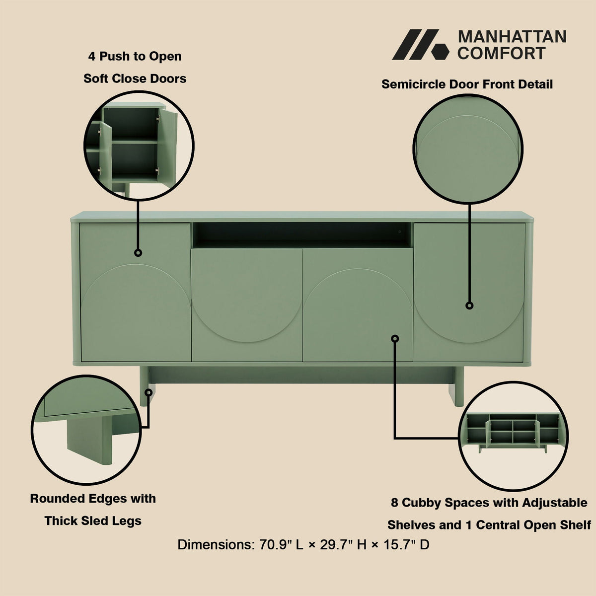 Sideboard With Adjustable Shelves and Soft Close Doors - White, Light Brown, Green