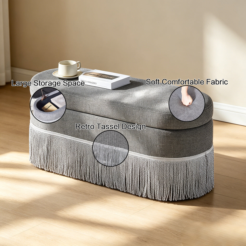 Oval Upholstered Storage Ottoman with Fringe Trim - Multi-Functional Ottoman