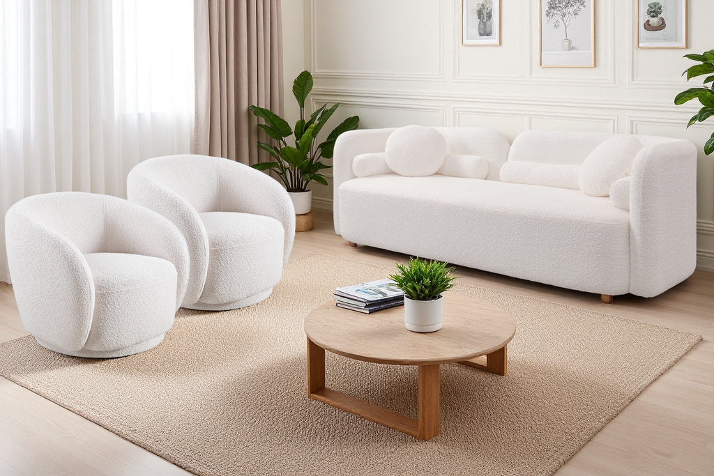 Luxury Modern Sofa Couch with Boucle Fabric - White/Beige