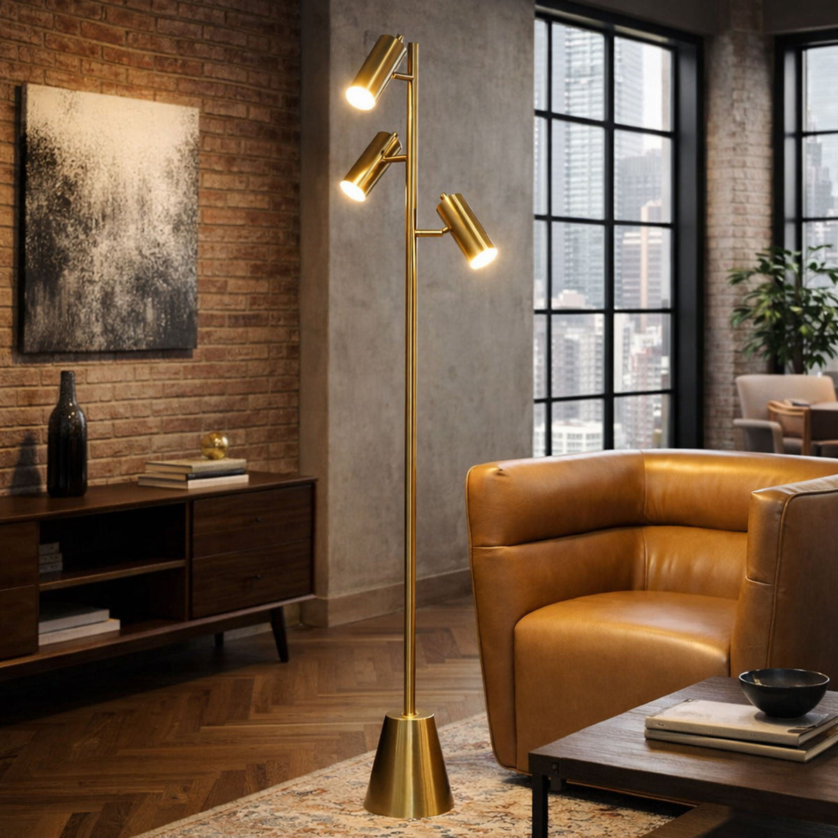 Lumina Floor Lamp With Rotary Switch Triple Spots Cone Base - Gold