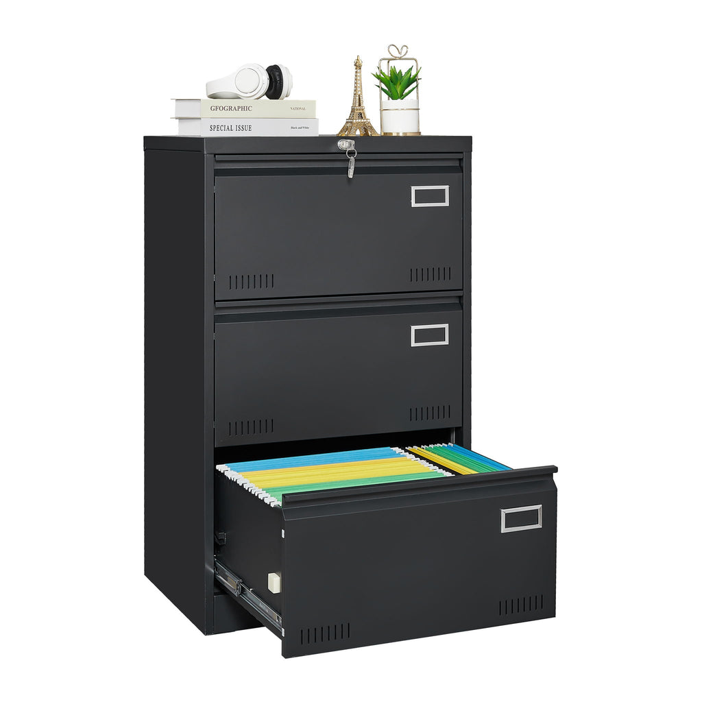 Locking Metal Filing Cabinet 3 Drawer - Multiple Sizes, Black or White