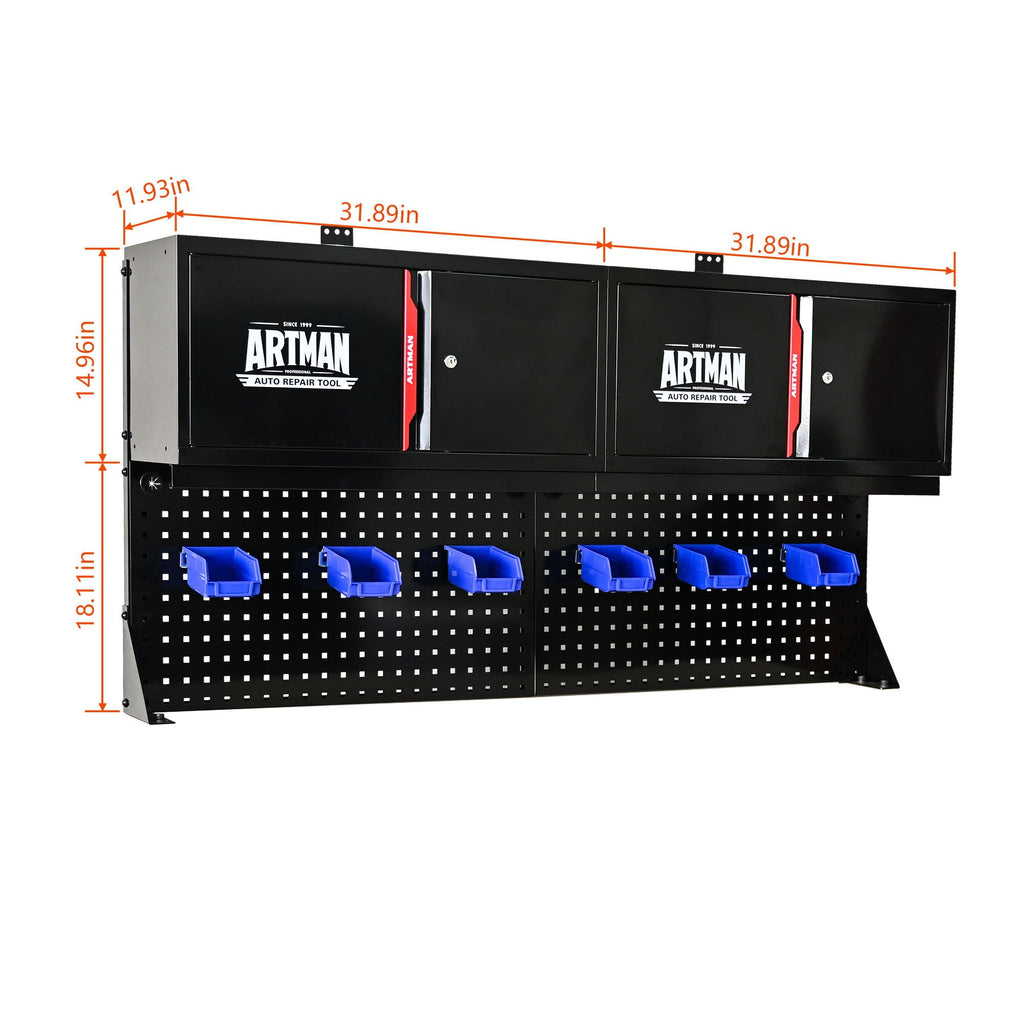 Wall Mounted Double Door Storage Cabinet with Tool Rack and Hooks - Black / Red