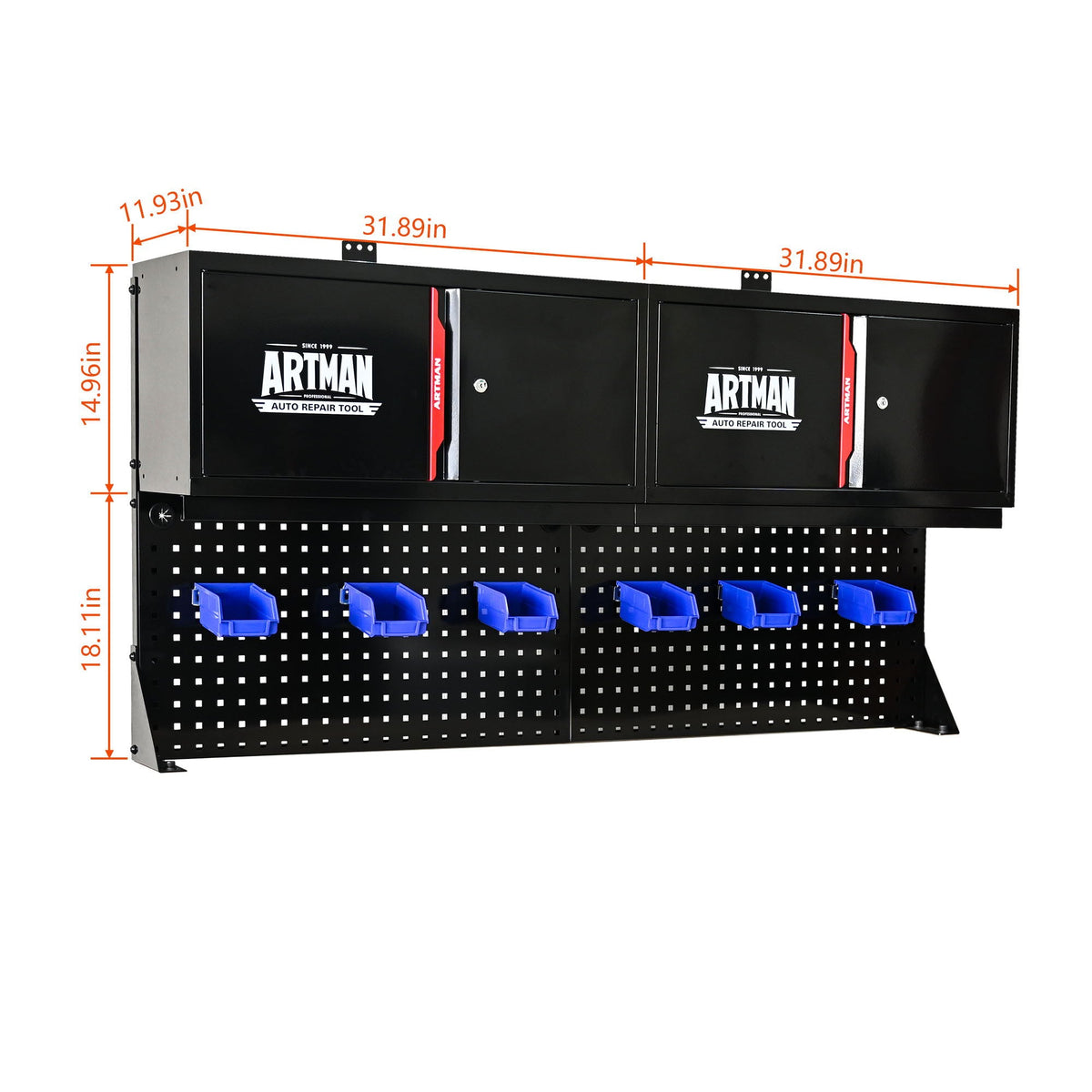 Wall Mounted Double Door Storage Cabinet with Tool Rack and Hooks - Black / Red