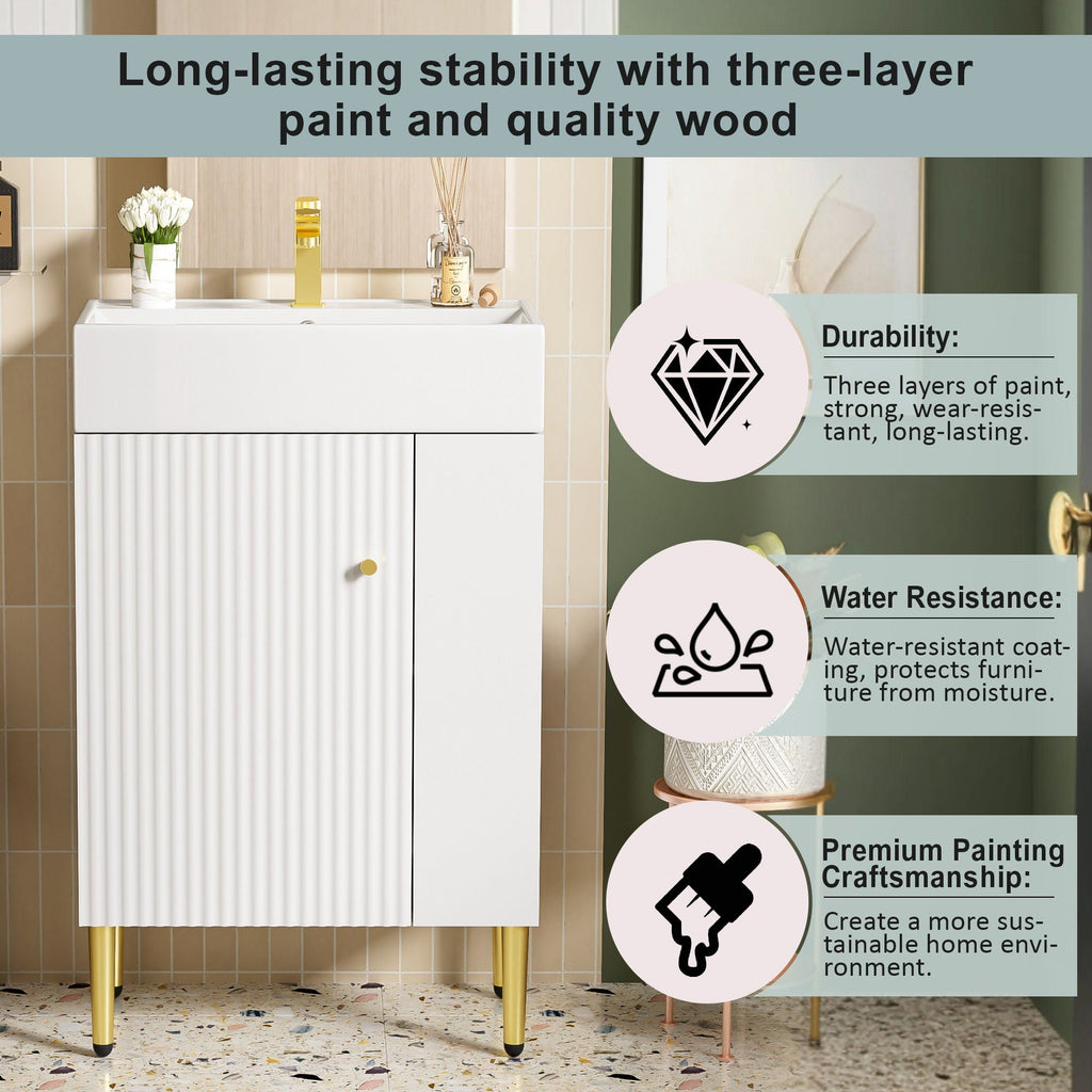 Bathroom Vanity with Single Ceramic Sink and Side Storage - Multiple Colors