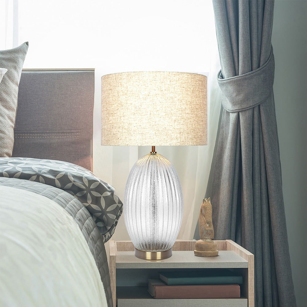 Aurora Ribbed Lamp Base Clear Table Lamp Large Linen Shade - Beige / Clear / Gold