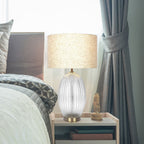 Aurora Ribbed Lamp Base Clear Table Lamp Large Linen Shade - Beige / Clear / Gold