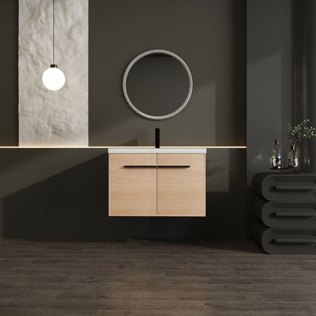 Bathroom Vanity Set with Resin Countertop Sink and 2 Doors - Light Brown Oak