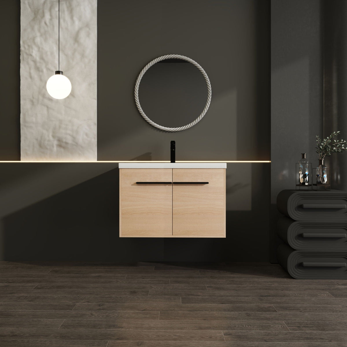 Bathroom Vanity Set with Resin Countertop Sink and 2 Doors - Light Brown Oak
