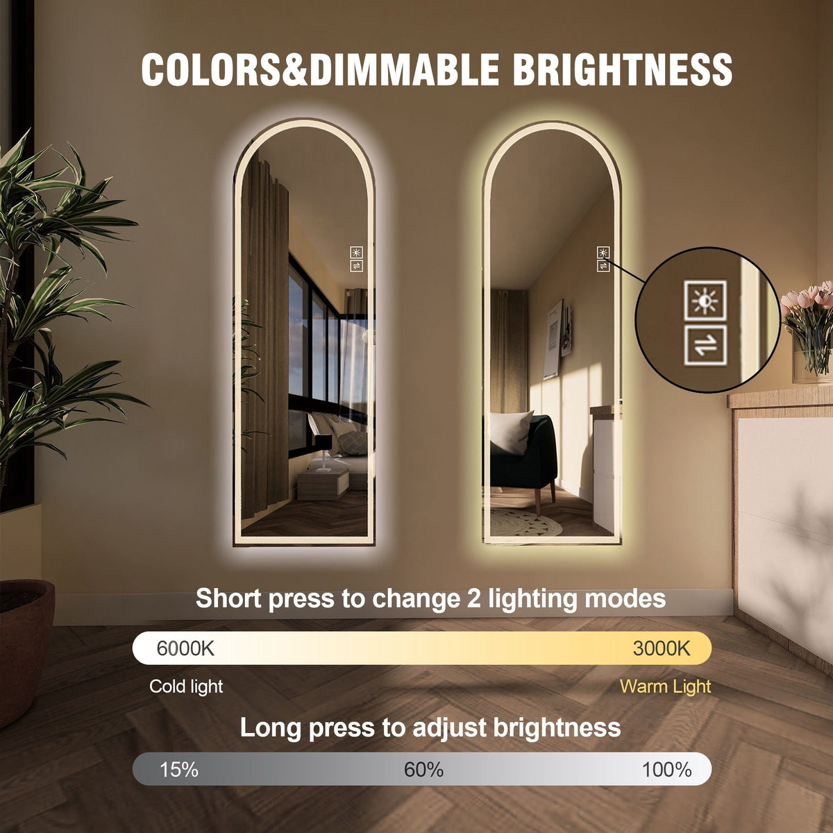 Arch Design LED Full Length Mirror with Dimmable LED Lights - Silver