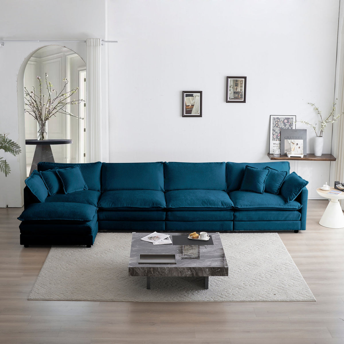 Modular U Shaped 5-Seater Sectional Sofa with Ottoman - Blue Chenille