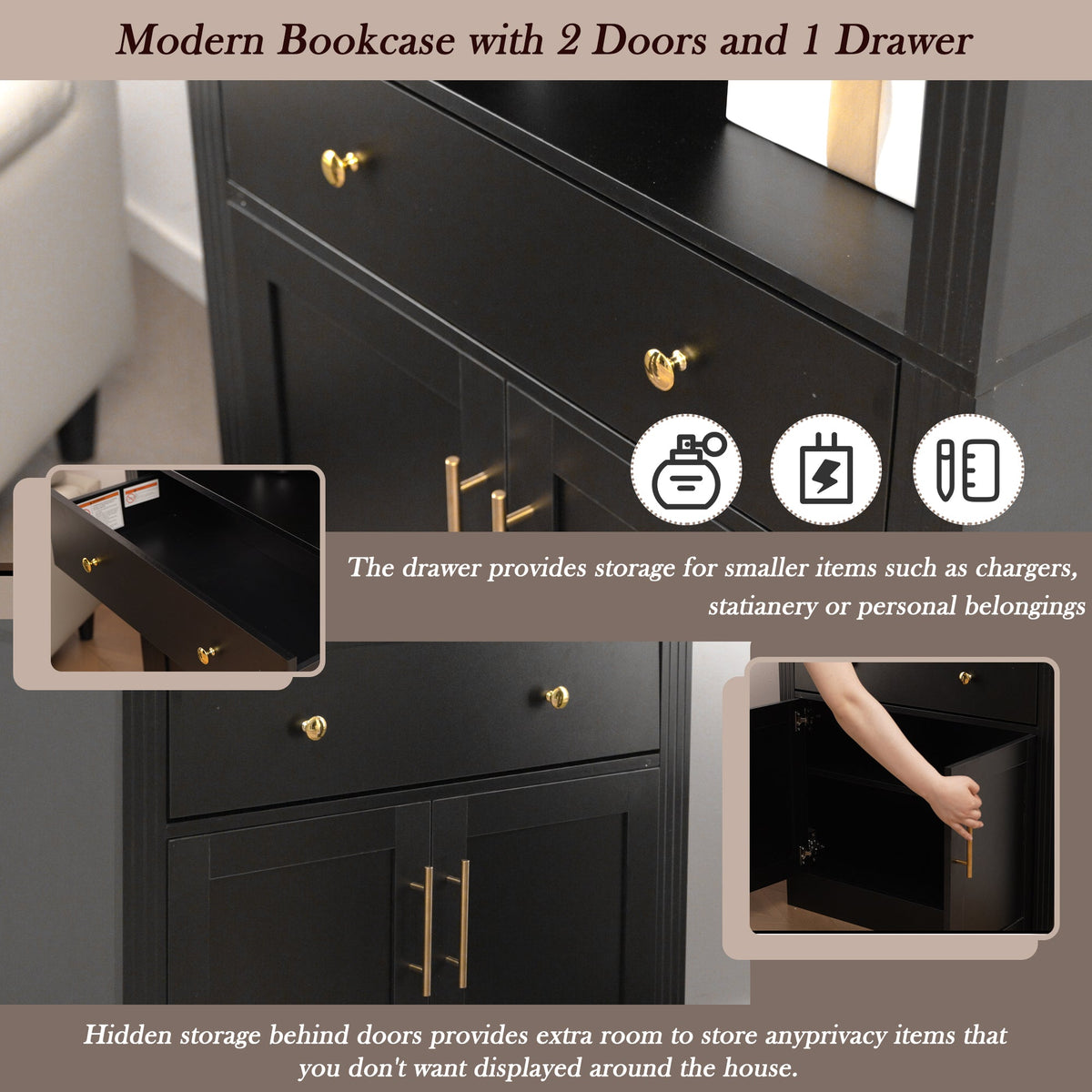 Arched Bookshelf with Storage Cabinet with Modern Curved Top - MDF