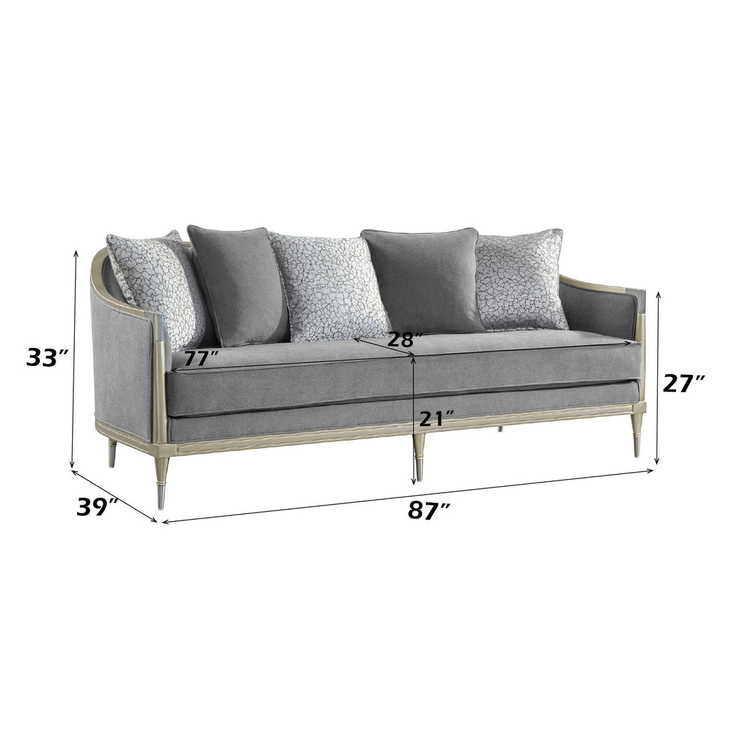 Champagne Gray Sofa with 5 Pillows and Modern Metal Legs