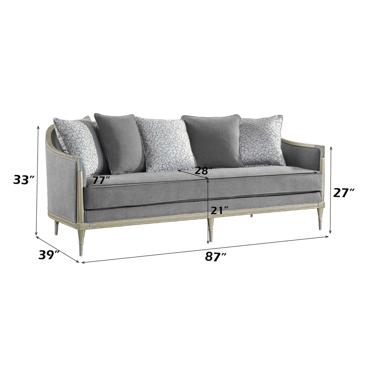 Champagne Gray Sofa with 5 Pillows and Modern Metal Legs