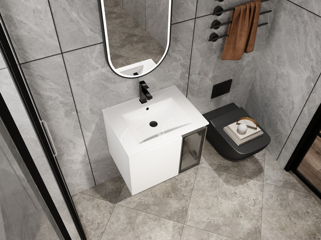 24" Wall-Mounted Bathroom Vanity with Ceramic Sink - Glossy White