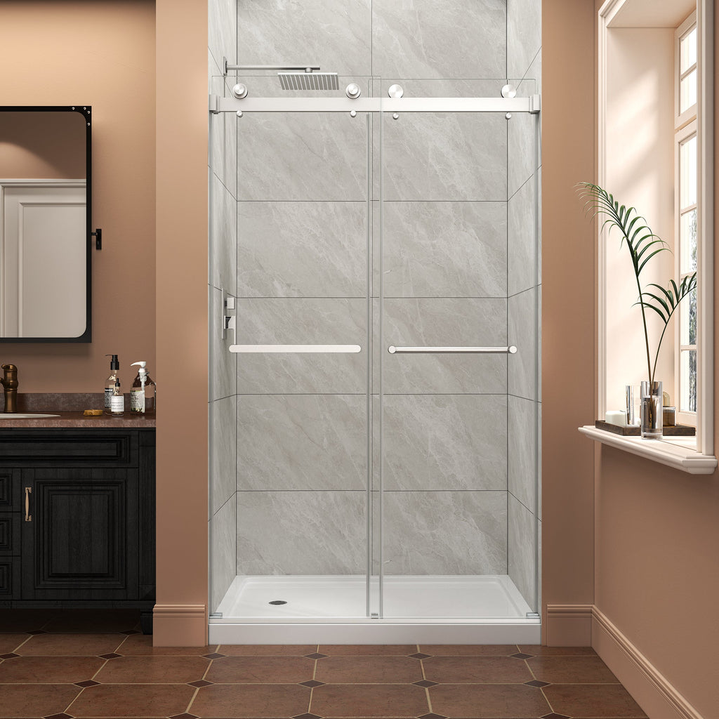 Brushed Nickel Frameless Sliding Shower Door with Double Bypass - 43-48" W x 76" H