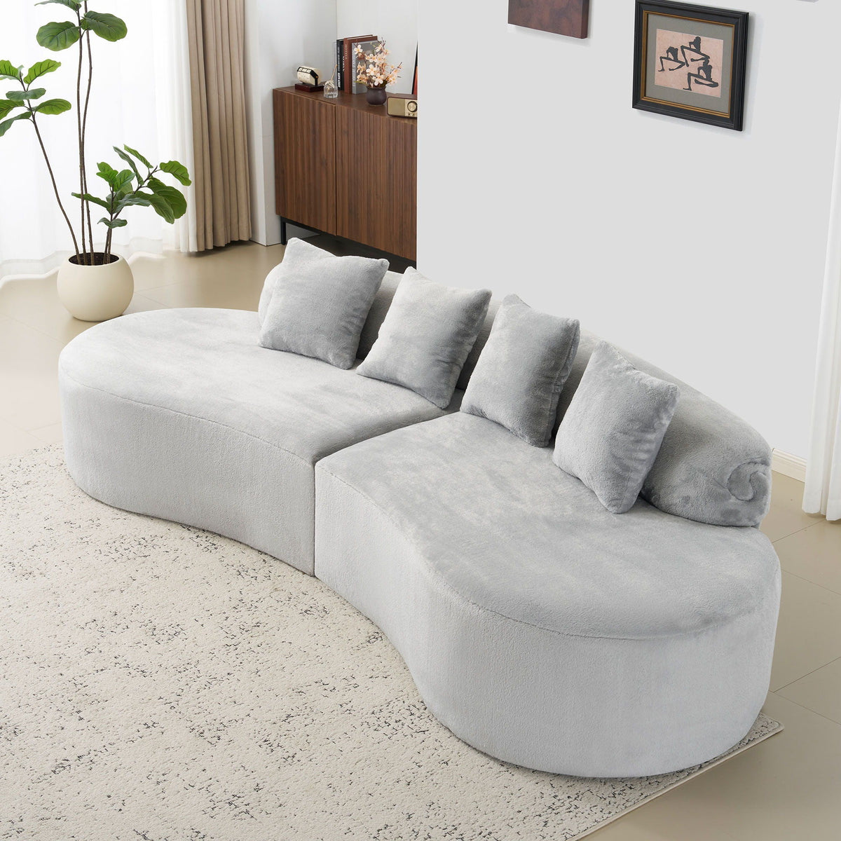 Modern Curved Sofa With Pillows - Fabric Stationary Sofa