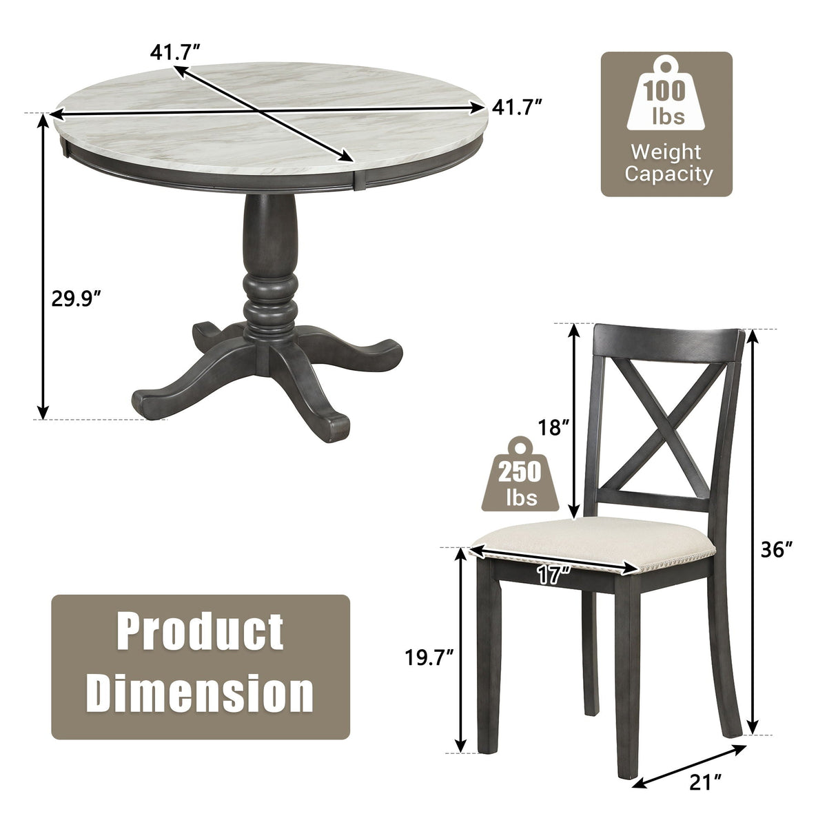 5-Piece Solid Wood Dining Set — White or Dark Gray