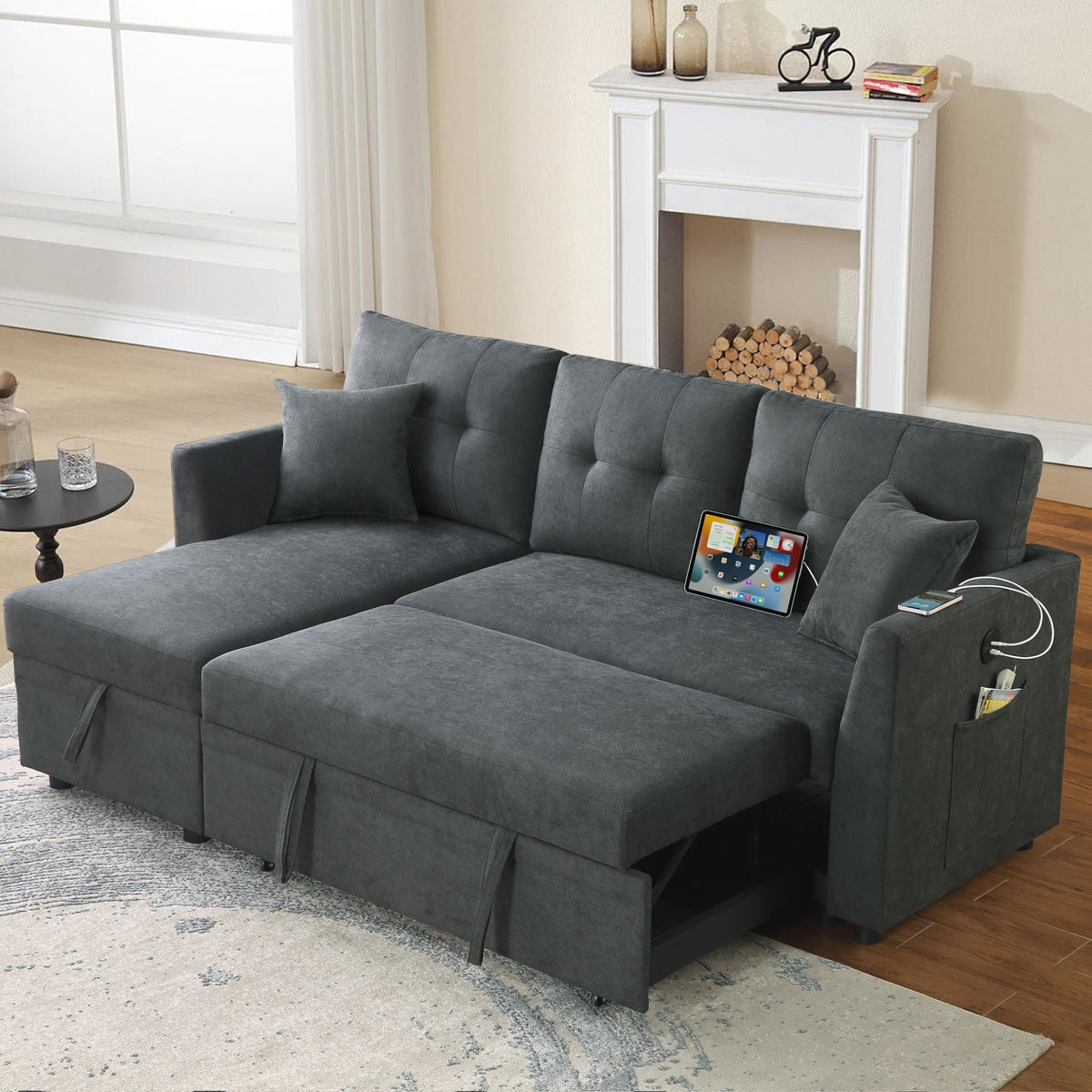 Sectional Sofa Bed with USB Port and Storage - Black or Dark Gray