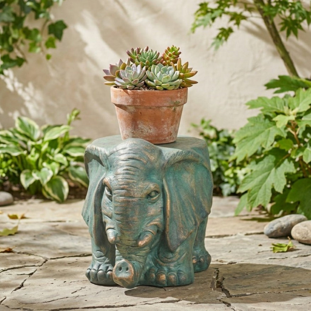 Elephant Garden Stool with Distressed Copper Patina Finish - Outdoor Accent Table