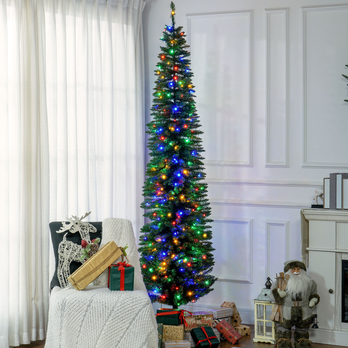 8ft Pencil Prelit Artificial Christmas Tree with 250 Colorful LED Lights