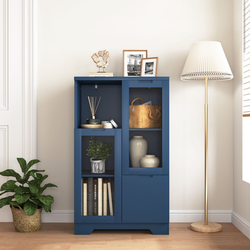 Modern Cabinet with Glass Doors and Drawer - Adjustable Shelves - Multiple Colors