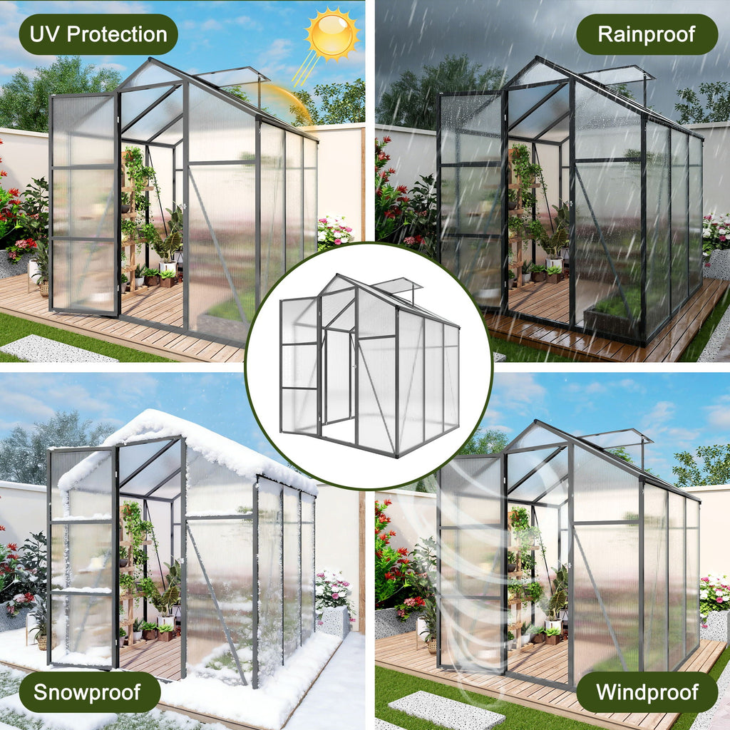 Windproof Greenhouse with Raised Base - Polycarbonate Panels - Black