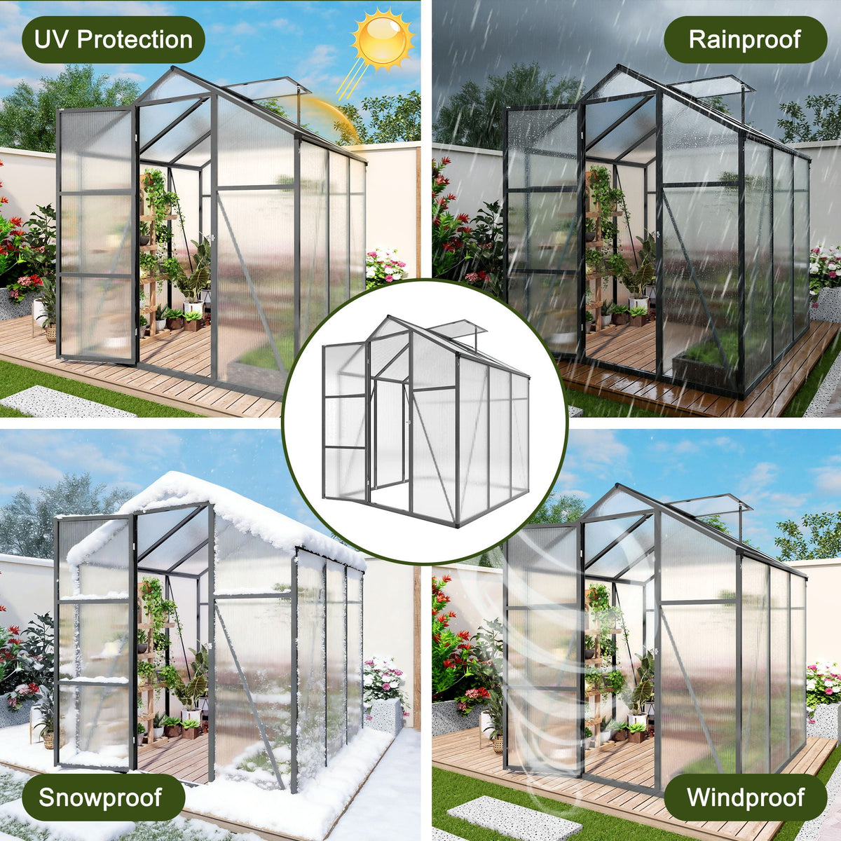 Windproof Greenhouse with Raised Base - Polycarbonate Panels - Black