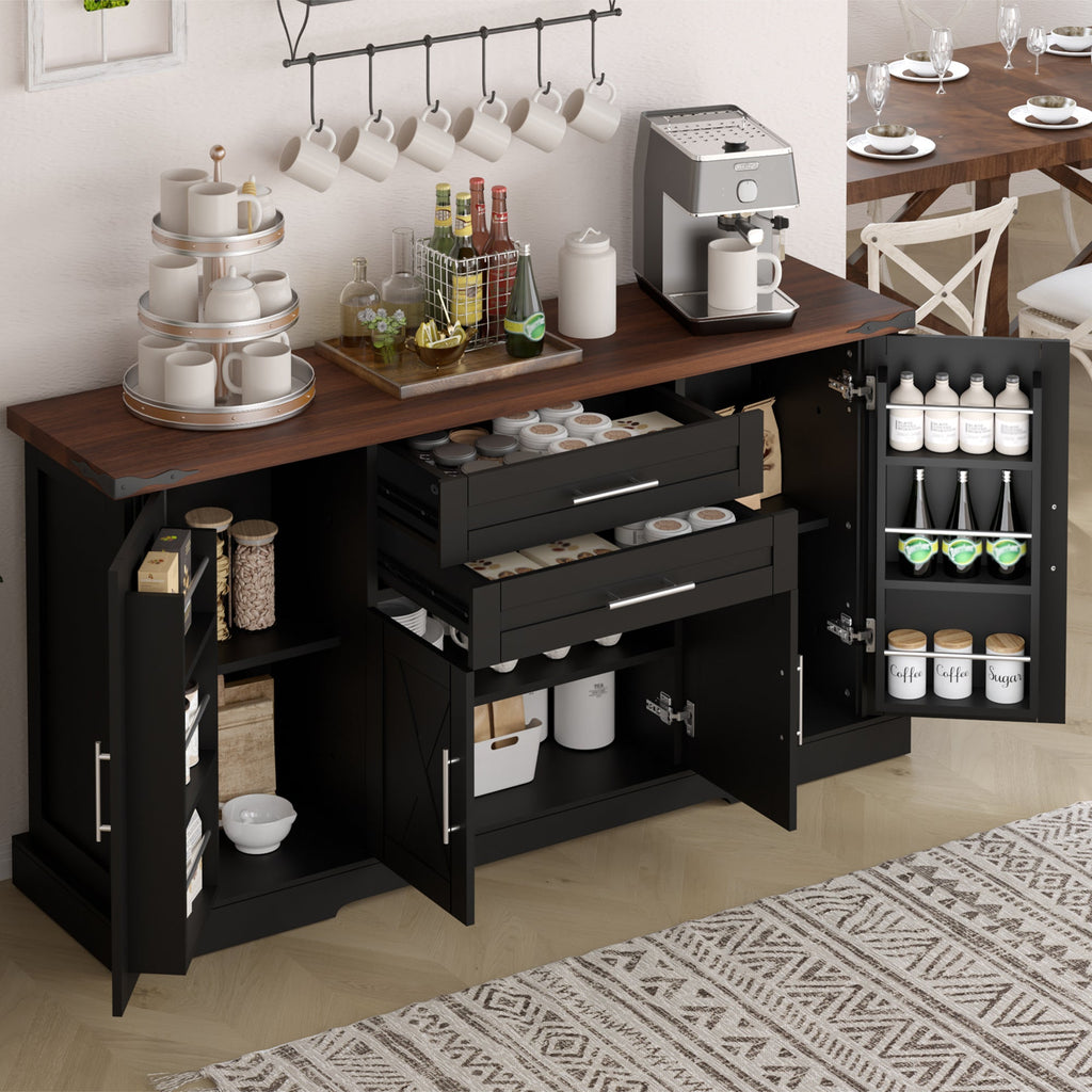 63" Farmhouse Barn Door Storage Cabinet with Drawers - Rustic MDF Sideboard