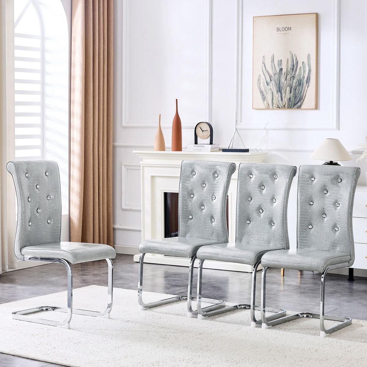 Elegant Design Upholstered Dining Chairs with Crystal Details - Multiple Colors
