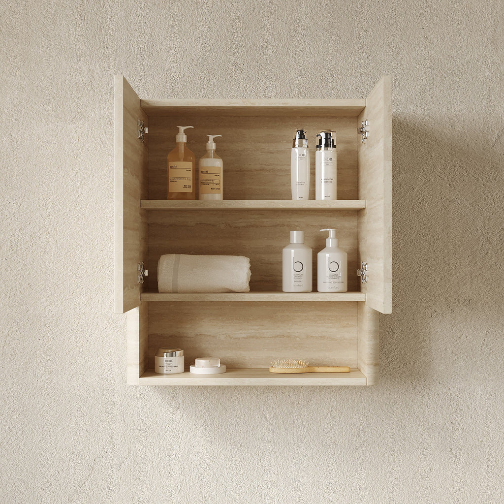 Wall-Mounted Bathroom Cabinet with Soft-Closing Doors and Shelf - Roma Travertine