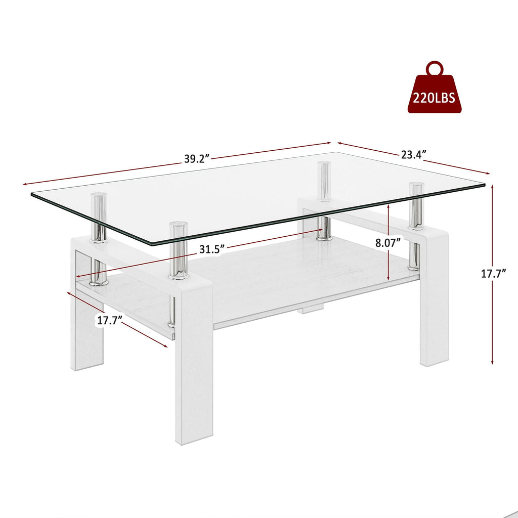 Modern Rectangular Coffee Table with Glass Top and Storage Shelf - White, Gray, Dark Gray, Dark Brown