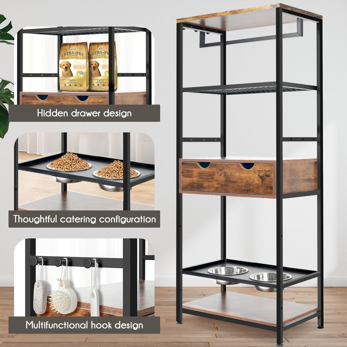 Adjustable Dog Feeding Station with Storage Shelves - Black / Dark Brown
