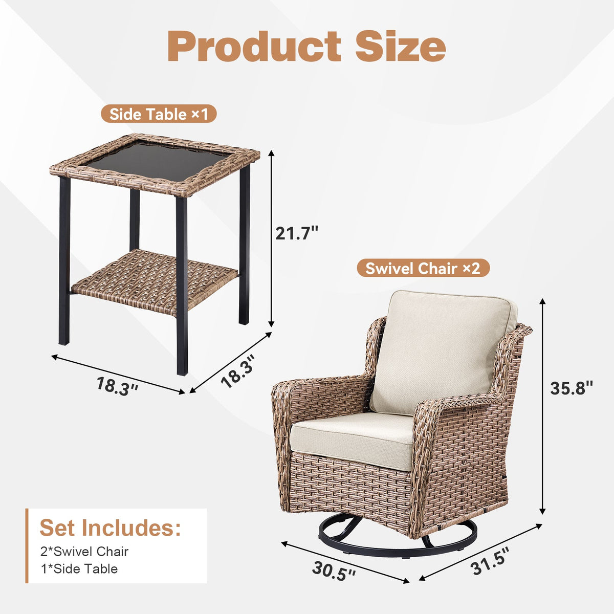 2-Person Outdoor Wicker Swivel Rocker Seating Group with Cushions - Beige or Blue