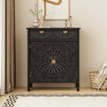 Hand-Carved Accent Cabinet with Intricate Floral Embossing - Black/Floral