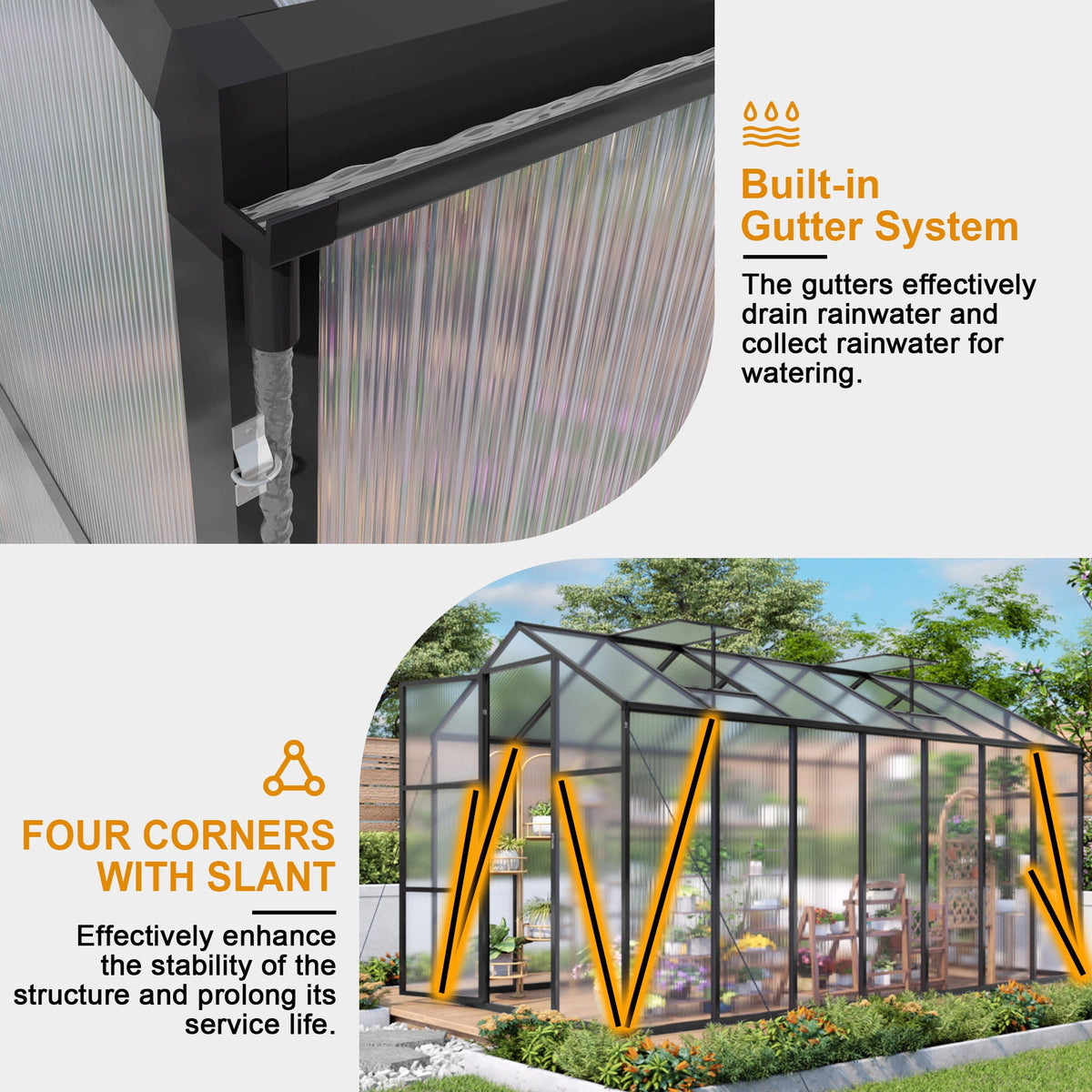 Windproof Greenhouse with Raised Base - Polycarbonate Panels - Black