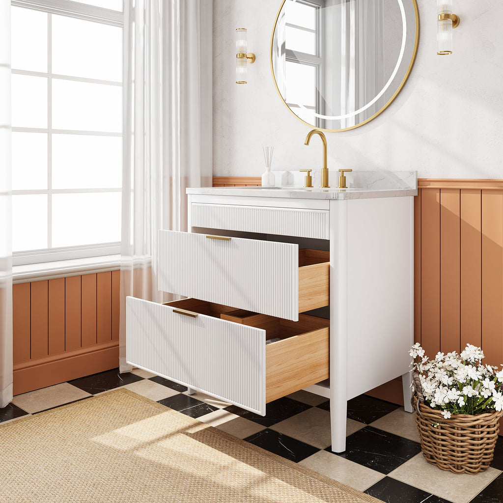 Fully Assembled 36'' Bathroom Vanity with Carrara Stone Top - White