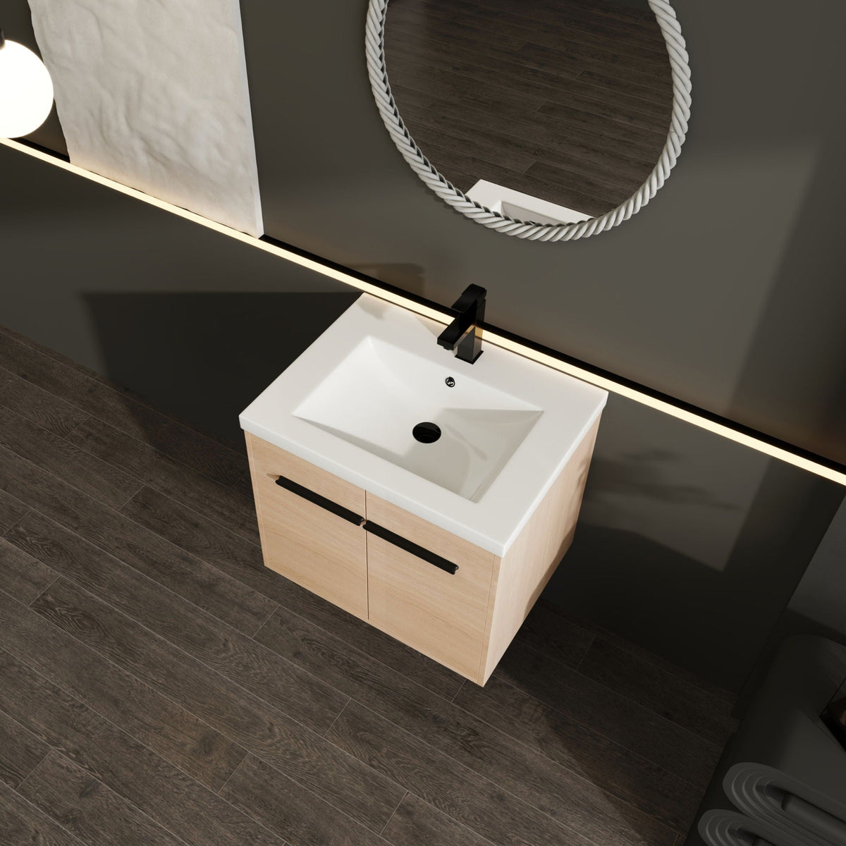 Bathroom Vanity Set with Resin Countertop Sink and 2 Doors - Light Brown Oak