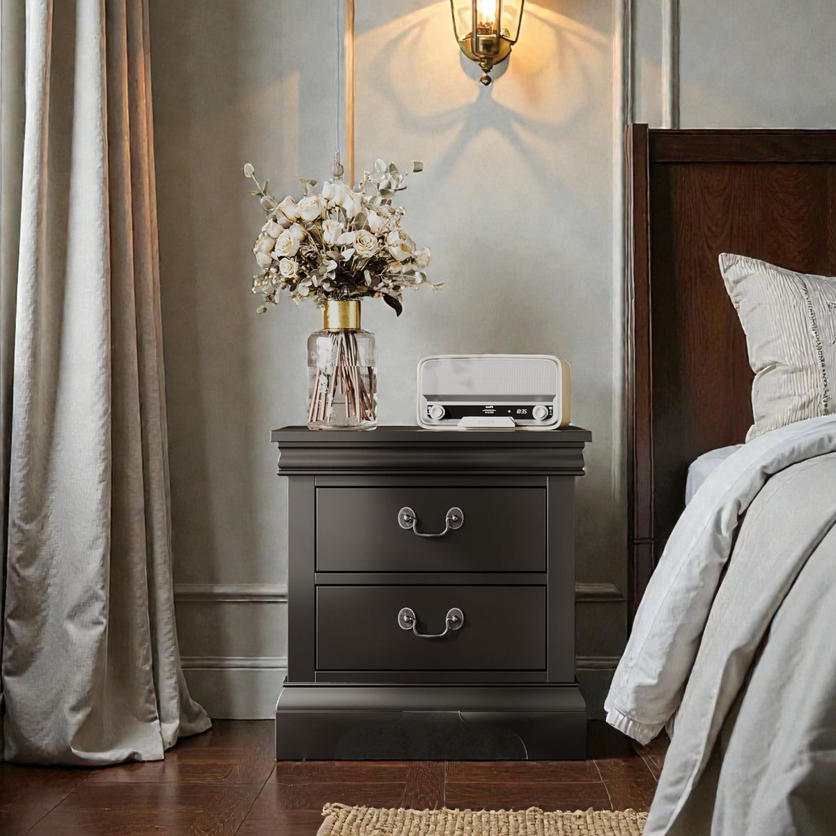 Wood Nightstand with 2 Drawers - Traditional Accent Table - White, Black, or Dark Brown