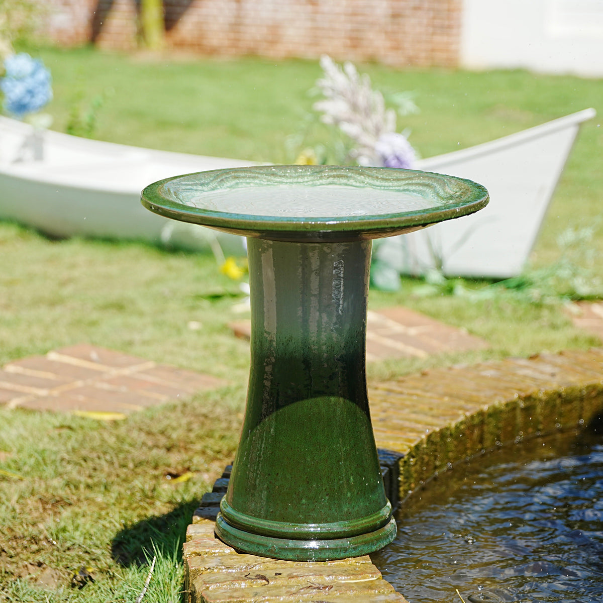 17" Ceramic Bird Bath with Swirl Pattern Pedestal - Grass Green