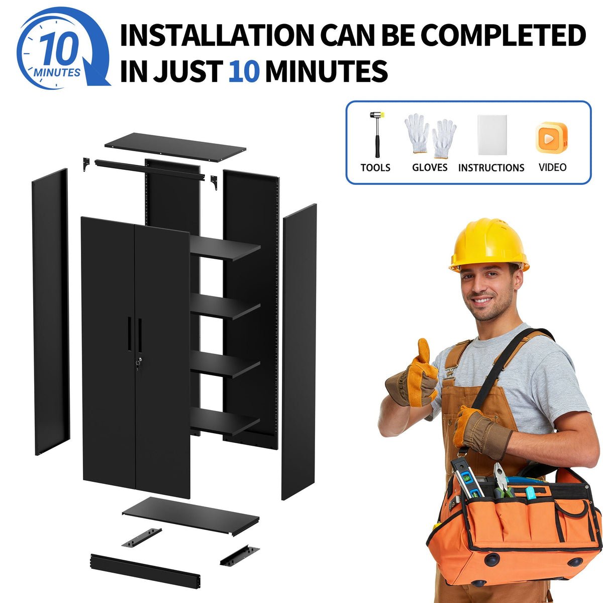 Steel Garage Storage Cabinet with Adjustable Shelves and Lock – Black or White