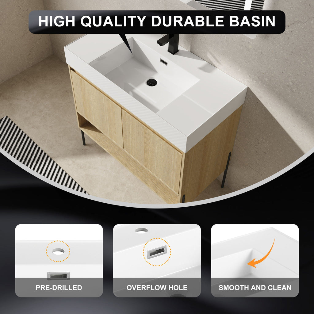 Modern Bathroom Vanity Combo with Single Resin Sink and Storage Cabinet - Light Brown