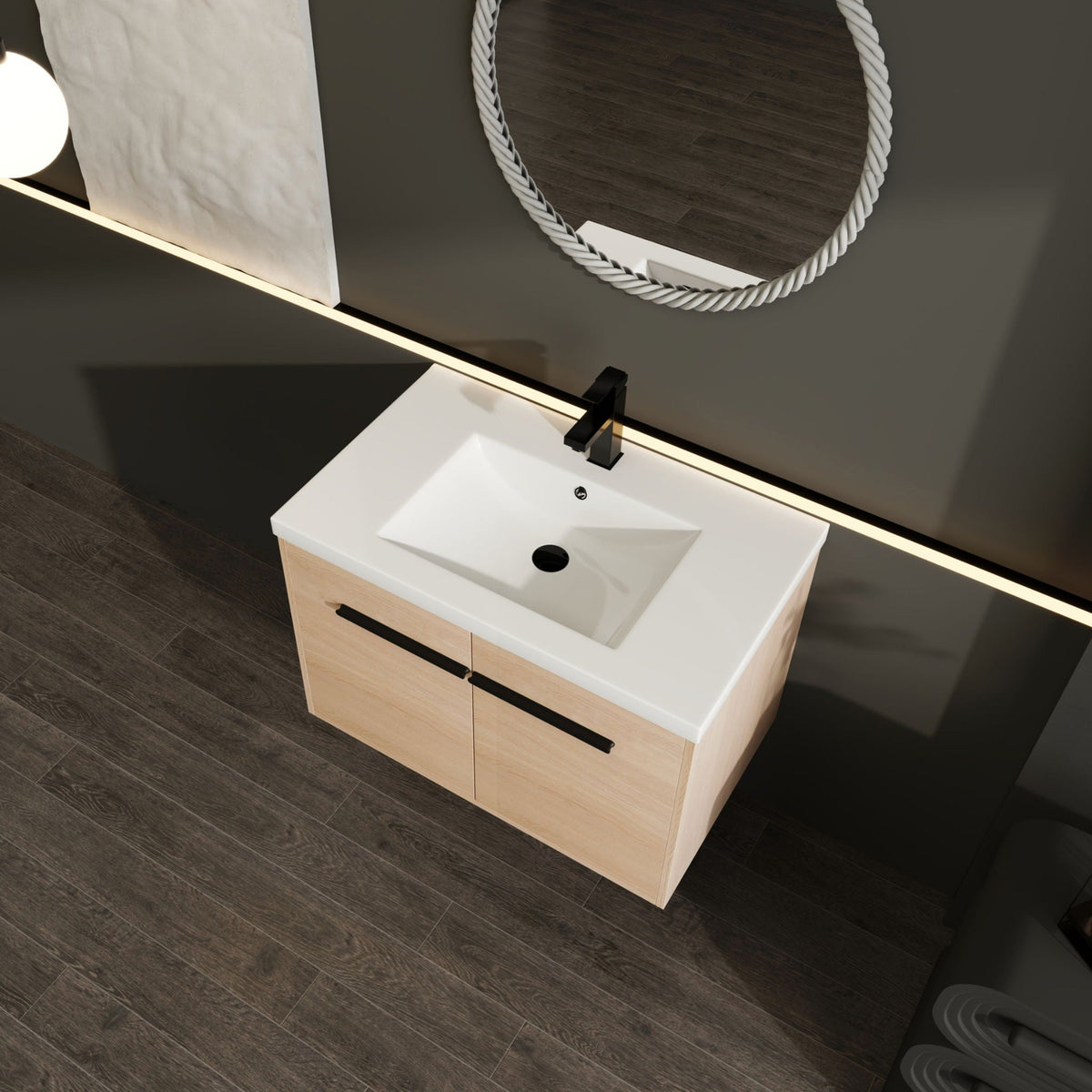 Bathroom Vanity Set with Resin Countertop Sink and 2 Doors - Light Brown Oak