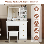 Fashion Vanity Desk with Mirror & Dimmable LED Lights - White MDF