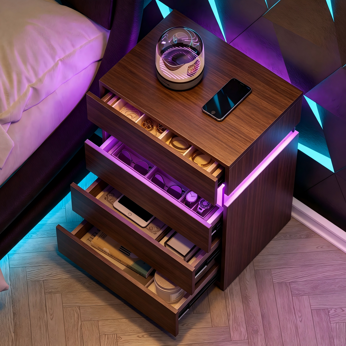 Modern Nightstand with LED Lights and 4 Drawers - White