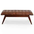 Cognac Genuine Leather Upholstered Bench with Solid Wood Frame - Dark Brown