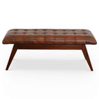 Cognac Genuine Leather Upholstered Bench with Solid Wood Frame - Dark Brown